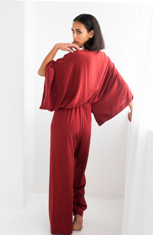 Silk Kimono Jumpsuit Carmine